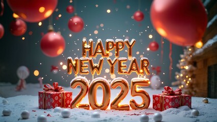 Happy New Year 2025 Template with Balloons, Confetti, Fireworks, Ribbon, Gifts, Snow, & Festive Winter Decorations. 
Creative elegant New Year Greeting Card, Banner, Background 3D Design Holiday style
