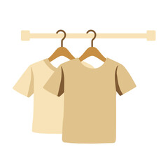 Pastel beige and cream t-shirts on hangers against a white background