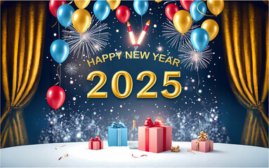 Happy New Year 2025 Template with Balloons, Confetti, Fireworks, Ribbon, Gifts, Snow, & Festive Winter Decorations. 
Creative elegant New Year Greeting Card, Banner, Background 3D Design Holiday style