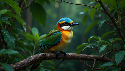 Obraz premium Glowing blue-crowned motmot texture, vibrant bird on branch, lush green background, soft lighting