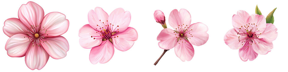Beautiful pink cherry blossom flowers in various stages of bloom, showcasing delicate petals and intricate details. Perfect for spring themed designs and floral arrangements