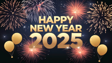 
Happy New Year 2025 Celebration with Fireworks, balloons, and Glitter. Creative Elegent New Year Greeting Card, Banner, Background Design.