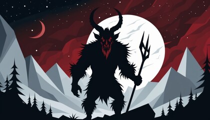 Krampus night artwork featuring shadowy figure holding a staff against a dramatic moonlit backdrop