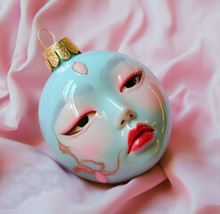 A woman's face painted on a Christmas decoration
