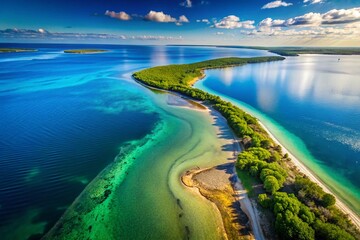 Obraz premium Aerial View of a Serene Large Body of Water Emphasizing a Narrow Peninsula in a Minimalist Scene Perfect for Nature and Landscape Photography