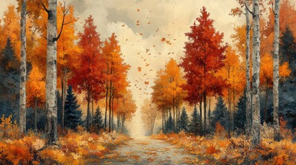 Fototapeta premium A serene autumn landscape with vibrant trees and a winding path under a cloudy sky.