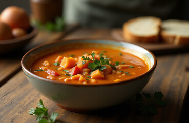 Hot vegetable soup with slices of bread on the kitchen table.