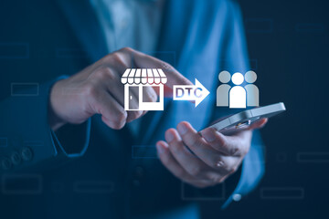Direct To Consumer concept. Man created own website store, sell products and services directly to...