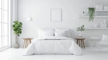 A bright and airy white bedroom with a beautifully arranged bed, subtle wall art, and a calming atmosphere created by neutral tones and textures.