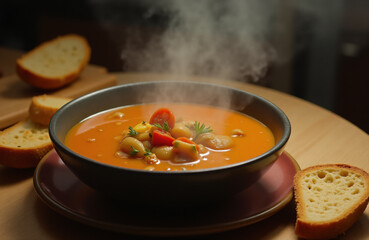Hot vegetable soup with slices of bread on the kitchen table.