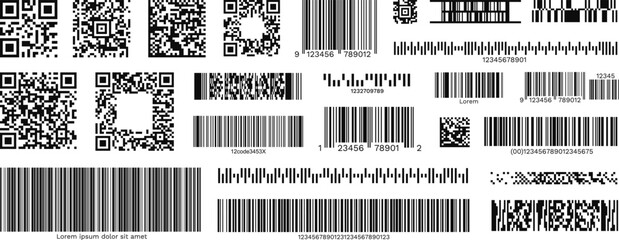 Barcode and QR code labels for scanning, retail store product ID labeling stickers. Pricing tags, serial number badges, inventory barcodes, package tracking codes vector set