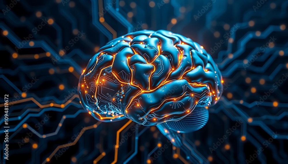 Poster glowing brain with processor: merging human insight and machine learning