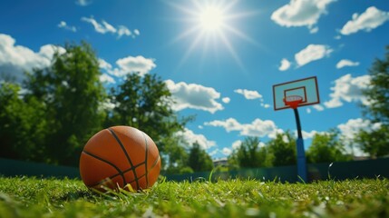 A captivating image of a basketball sitting on the grass near an outdoor hoop, with the sun shining brightly and a blue sky as the backdrop.