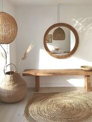 Sunlit Bohemian Interior Design with Woven Baskets, Wooden Bench, and Circular Mirror.