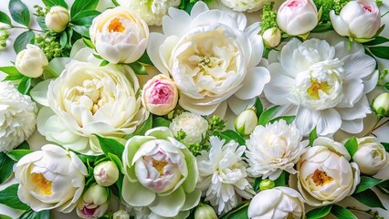 Fototapeta premium Aerial View of a Stunning Floral Arrangement Featuring White Peonies and Green Leaves on a Soft Background Perfect for Celebrations and Elegant Decor Ideas