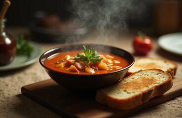 Hot vegetable soup with slices of bread on the kitchen table.