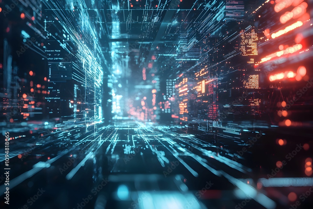 Poster virtual landscape featuring glowing data streams and structures