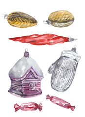 set of christmas decorations watercolor handmade work
