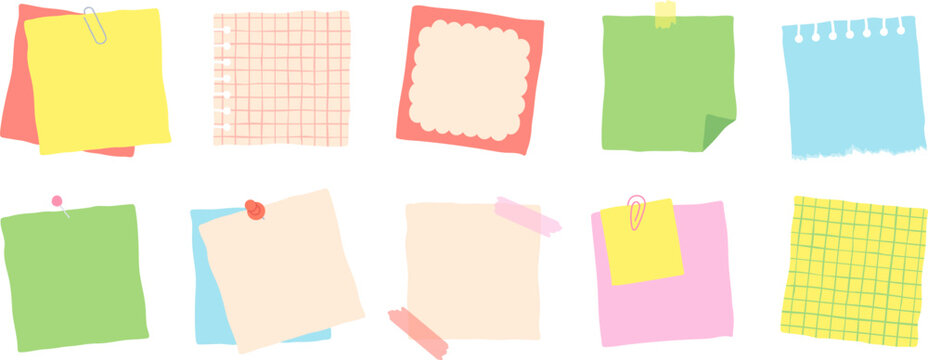 Square paper notes for daily planner, blank memo sheet stickers for to-do list or reminders. Cute notebook sheets template with clips or pins, empty notebook page with adhesive tape vector set