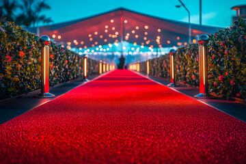 Red Event Carpet. Concept of Success and Triumph, luxury party entrance, cinema premiere film festival event award gala ceremony, wealthy rich guests arriving, outdoor decoration elements, summer day