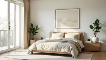 A minimalist and cozy bedroom with a beige and white color scheme. The room features a large bed with a neutral-colored comforter, a geometric patterned rug, and a framed abstract artwork on the wall