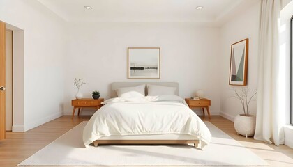 A minimalist and cozy bedroom with a beige and white color scheme. The room features a large bed with a neutral-colored comforter, a geometric patterned rug, and a framed abstract artwork on the wall