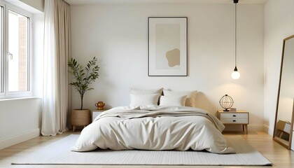 A minimalist and cozy bedroom with a beige and white color scheme. The room features a large bed with a neutral-colored comforter, a geometric patterned rug, and a framed abstract artwork on the wall