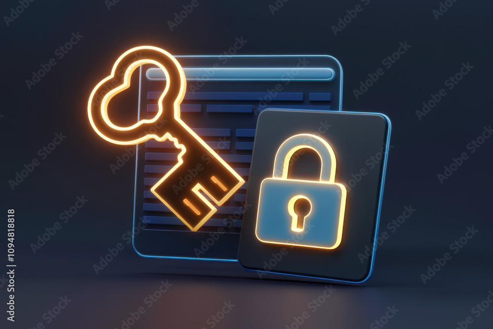 Poster a vibrant illustration of a key and a padlock symbolizing security and data protection in a digital 
