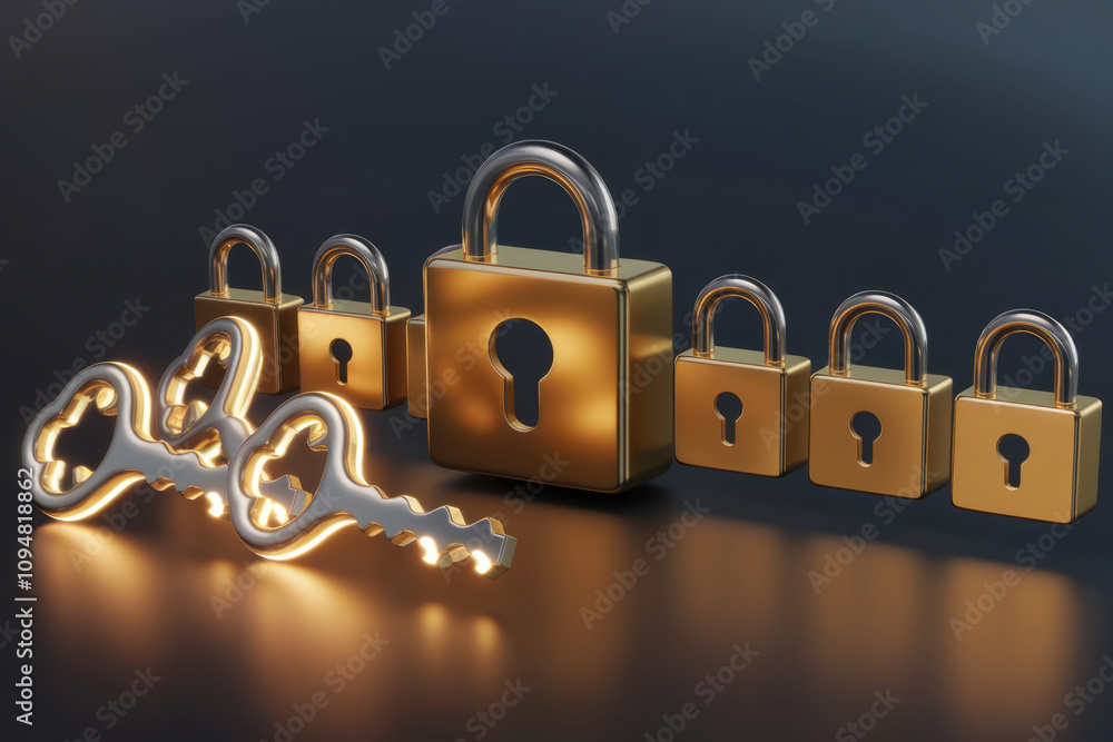 Poster a collection of golden padlocks and keys, symbolizing security, protection, and access control in a 