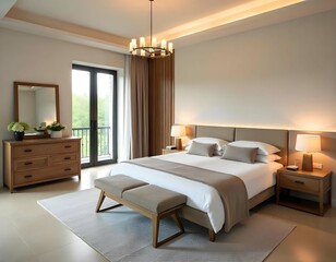 A modern and minimalist bedroom with a large bed, wooden furniture, and neutral color palette