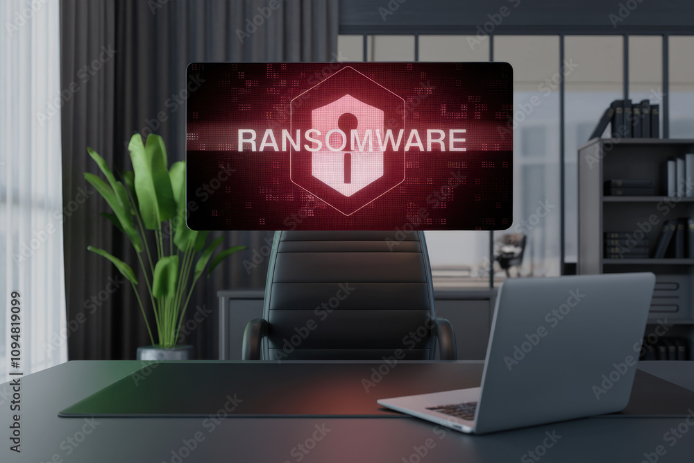 Aufkleber a modern office scene featuring a laptop and a monitor displaying a ransomware warning, emphasizing 