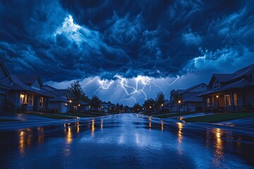 Fototapeta premium A dramatic evening scene with dark storm clouds, lightning, and reflections on a wet street, creating an intense and atmospheric landscape.