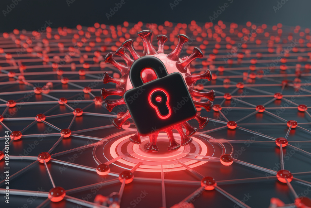 Poster a digital representation of cybersecurity, featuring a padlock amidst a network of connected nodes, 