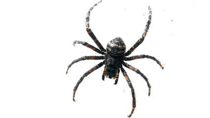 Obraz premium Beautiful black spider sits on a web, plain white background.