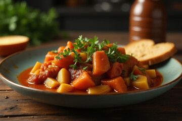 hot vegetable stew with meat in a plate, on kitchen table with slices of bread.