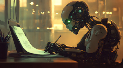 Business man working with AI artificial intelligence humanoid robot in office Futuristic technology collaborate future work integration science workforce computers automation. Human replaced by robots