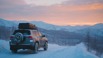 Naklejka premium Suv car with rooftop cargo carrier trunk stay on roadside of winter road. Family trip to ski resort. Winter holidays adventure. car on winter road