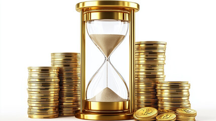 Golden Hourglass and Stacks of Coins Symbolizing Time and Wealth Accumulation