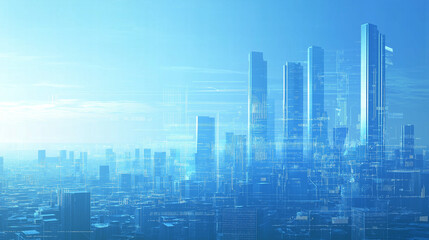 High-Tech Urban Skyline with Blue Glow and Digital Connections