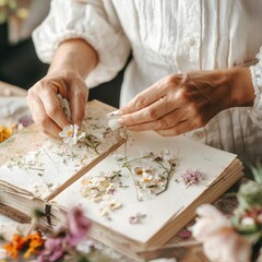 Handmade Artisan Concept, Crafting with dried flowers and a journal