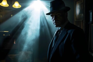 Mysterious figure in a dimly lit room with smoke and spotlight