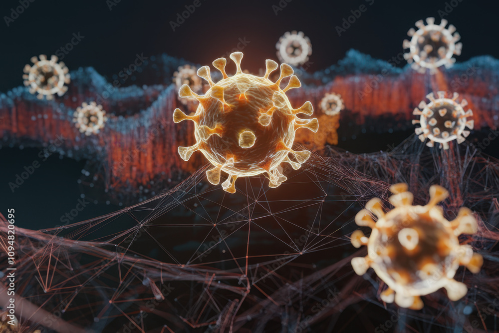Poster a close-up view of virus particles, showcasing their structure, set against a digital backdrop with 