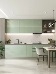 Modern Sage Green Kitchen With Marble Countertops And Dining Area