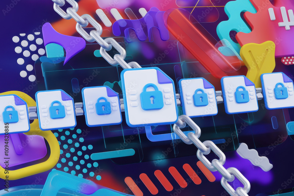 Aufkleber a digital representation of secure data storage, showcasing locked files connected by a chain agains