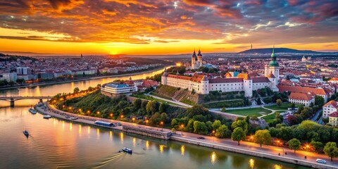Fototapeta premium Aerial View of Bratislava, the Capital of Slovakia, Showcasing Stunning Architecture and River Danube in a Vibrant Cityscape During Sunset