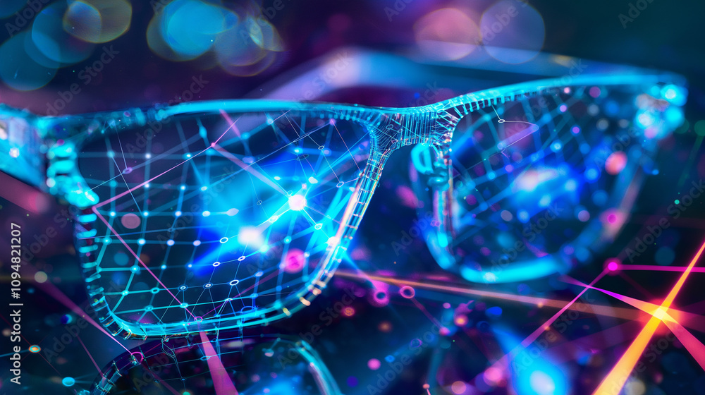Poster augmented reality glasses visualizing ai-driven network diagnostics, displaying live graphs, data pa