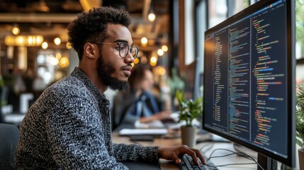 Focused software developer coding at computer in modern office, technology and innovation in collaborative workspace, young professional in IT