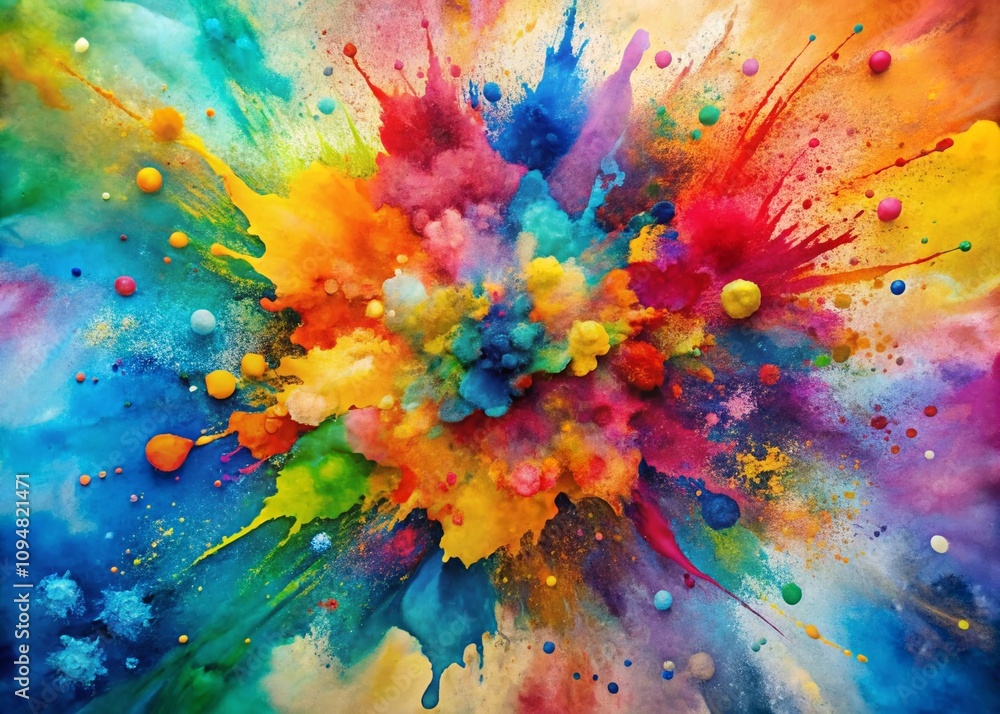 Poster aerial view of colorful abstract watercolor splatters creating a unique blend of patterns and textur