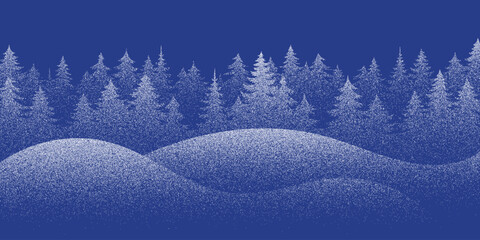 Winter forest, noisy stippled grainy texture, halftone dots, frost, vector illustration