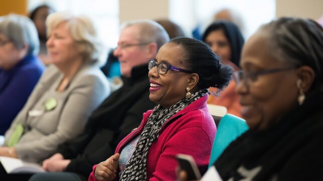 Diverse group of adults attending seminar, engaged audience in professional learning environment, focus on women smiling during event